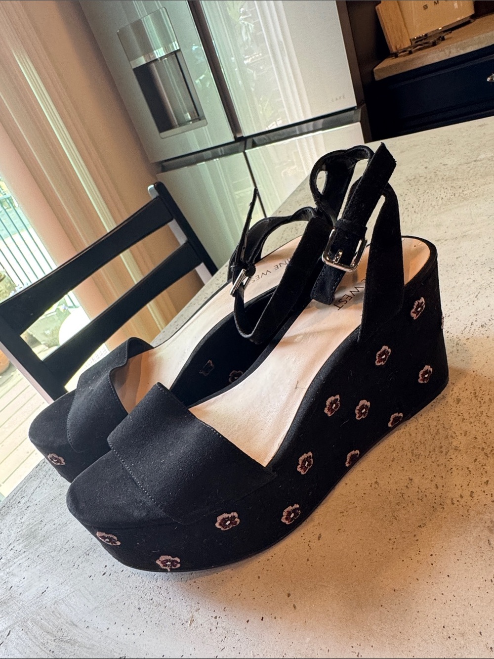 Nine West Black Wedge Sandals with Pink Floral Embroidery